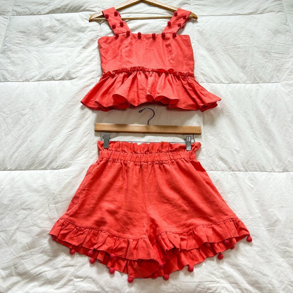 NWOT Waimari Coral 100% Linen Ruffle 2-Piece Set Top & Shorts Vacation Wear XS/S